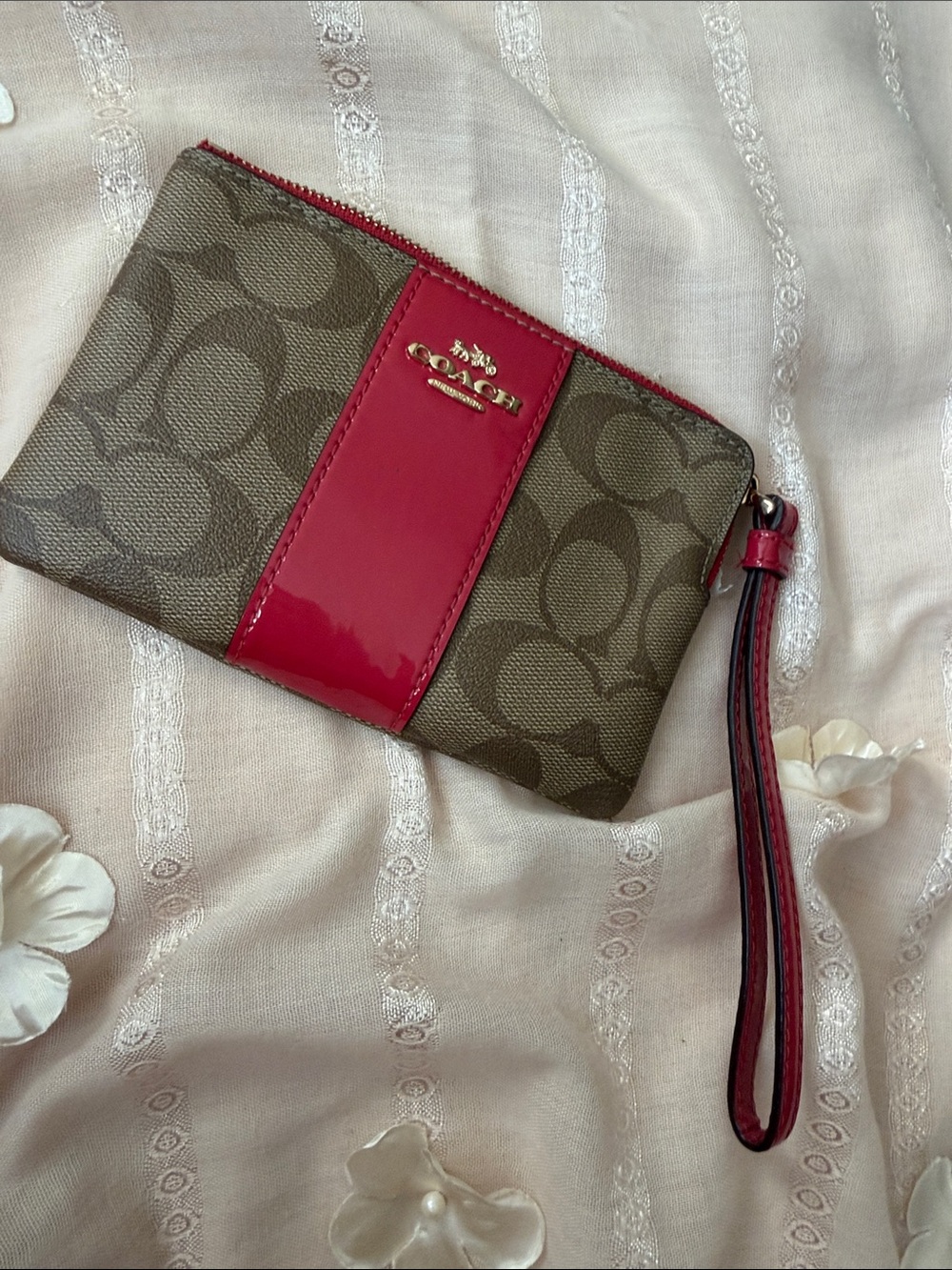 Coach Khaki Signature Canvas Wristlet with Red Patent Stripe